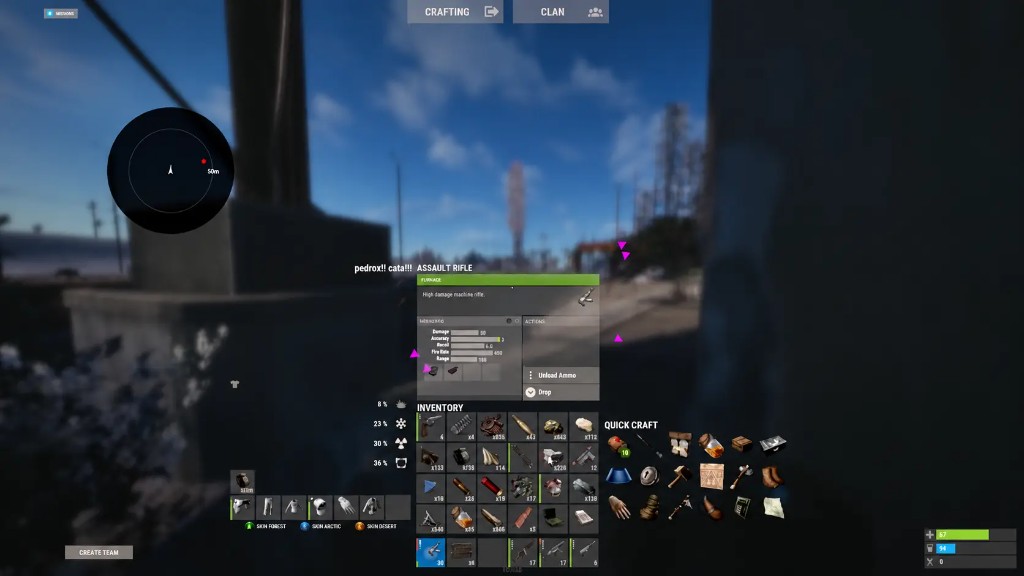 Rust cheat menu overlay with inventory, radar and ESP markers